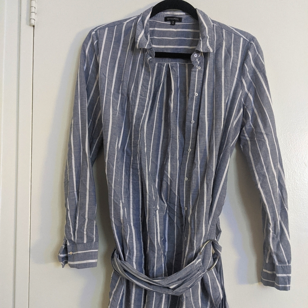 Dynamite Blue & White Striped Long Button Down
